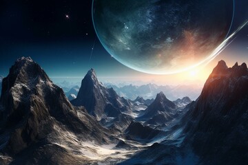 Digital art of mountains and planets in space. Generative AI