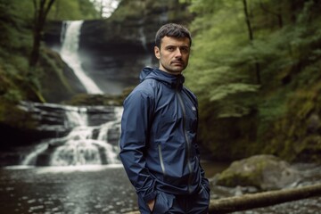 Handsome young man in sportswear standing near waterfall.