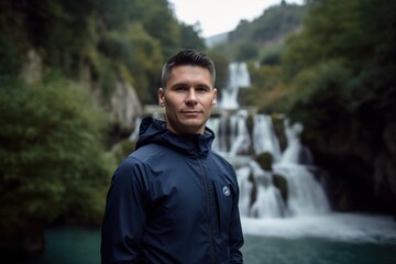 Handsome man standing in front of waterfall in Plitvice Lakes National Park, Croatia