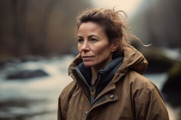 Portrait of a beautiful woman in the raincoat on the river bank