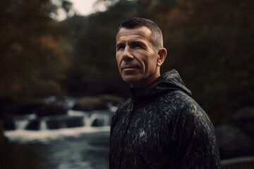Portrait of a man in a black jacket standing by the river