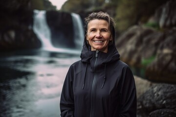 Full-length portrait photography of a grinning woman in her 50s wearing a comfortable tracksuit against a river or waterfall background. Generative AI