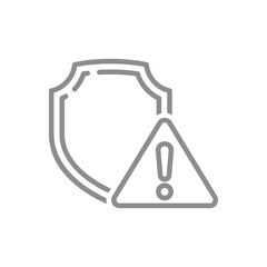 Shield and exclamation point warning line vector icon. Data breach, safety and security outline symbol.