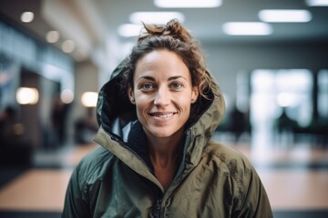 Portrait of smiling young woman in jacket in corridor of modern building