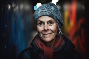 Fototapeta premium Portrait of a senior woman in a hat and scarf in the city