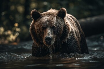 Fototapeta na wymiar A grizzly bear wades through a river. Generative AI