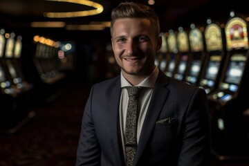 Portrait Of A Happy Young Businessman Playing Slot Machine In Casino