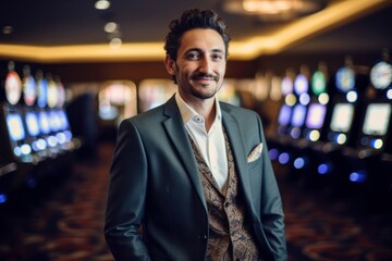 Fototapeta premium Pet portrait photography of a grinning man in his 30s wearing a classic blazer against a casino or gaming floor background. Generative AI