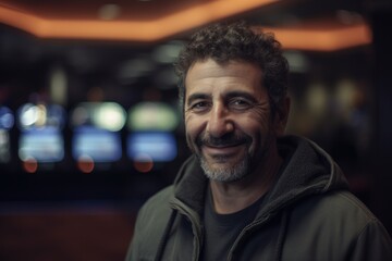 Medium shot portrait photography of a pleased man in his 40s wearing a comfortable tracksuit against a casino or gaming floor background. Generative AI