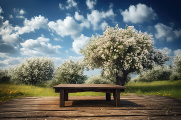 Natural Product Display. Rustic Wood Table Perfect for Promoting Products with Copy Space, Embraced by Lush Cherry Trees and Flowers. Organic Vibes AI Generative