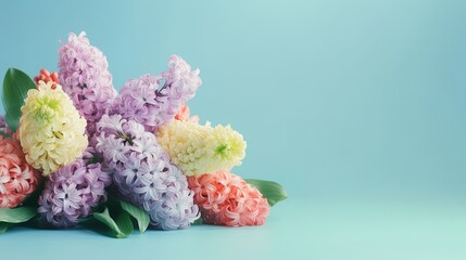 Holiday banner. Bouquet of HYACINTHS on pastel background. Mother's day concept. Copy space, generative ai