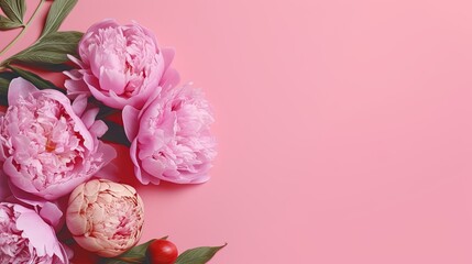 Holiday banner. Bouquet of peony on pastel background. Mother's day concept. Copy space, generative ai