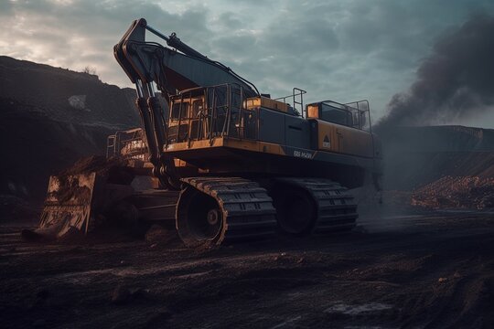 Heavy machinery in the mining quarry, coal industry. Generative AI