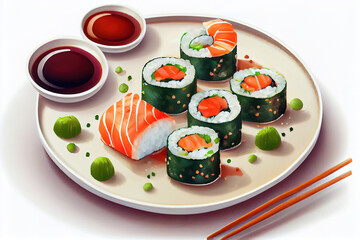 Set of Japanese sushi rolls Philadelphia with salmon, cream cheese. Generative Ai