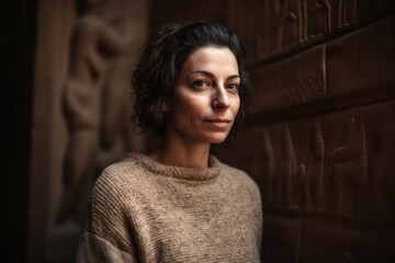 Portrait of a beautiful woman in a beige sweater on a wooden background