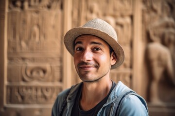 Environmental portrait photography of a pleased man in his 30s wearing a cool cap or hat against an ancient egyptian or hieroglyphics background. Generative AI