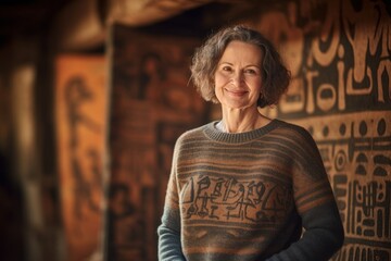 Full-length portrait photography of a pleased woman in her 50s wearing a cozy sweater against an ancient egyptian or hieroglyphics background. Generative AI