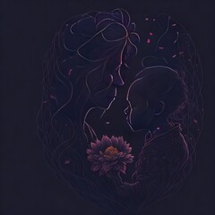 Illustration of mother with her little child, flower in the background. Concept of mothers day, mothers love, relationships between mother and child. Created with Generative AI technology.