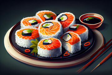 Sushi rolls Philadelphia with salmon, avocado, rice, nori, wasabi, ginger and soy sauce. Generative Ai