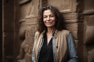Fototapeta premium Medium shot portrait photography of a grinning woman in her 50s wearing a smart pair of trousers against an ancient egyptian or hieroglyphics background. Generative AI