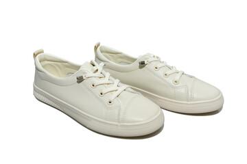White unisex sneakers with white laces. Modern comfortable shoes.