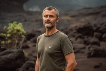 Portrait of a handsome mature man standing in the middle of a volcanic landscape