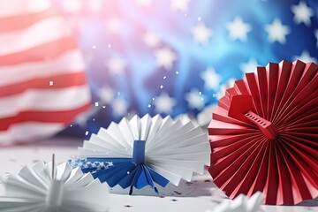 Independence day USA banner mockup paper fans in American national colors. USA Presidents Day, American Labor day, Memorial Day concept. Generative AI