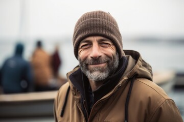 Portrait of a handsome senior man with grey beard wearing warm clothes outdoors