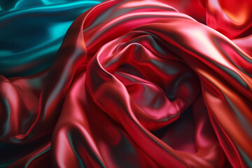 Close up view of red and blue fabric with large amount of folds. Generative AI.