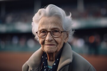 Fototapeta na wymiar Portrait of an elderly woman with glasses on the tennis court.