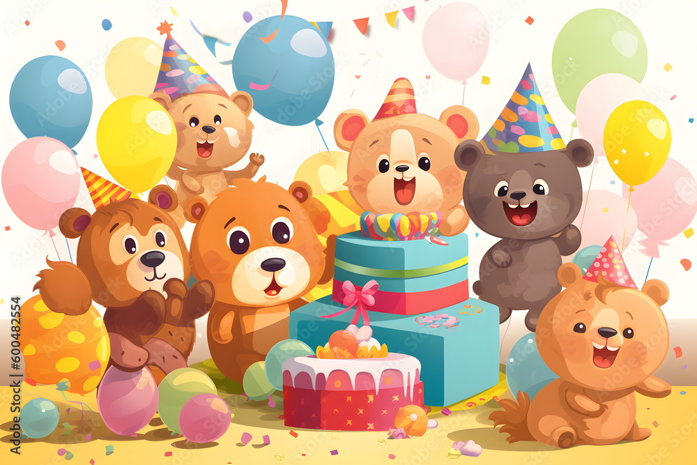 Sticker Group of teddy bears standing around birthday cake with balloons and confetti. Generative AI.