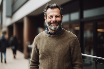 Obraz premium Portrait of a handsome middle-aged man in a beige sweater on the street.