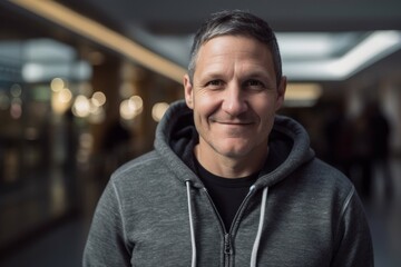 Portrait of handsome mature man with hoodie smiling at the camera
