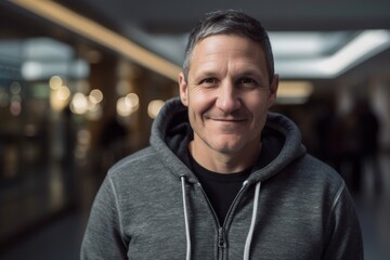 Fototapeta premium Portrait of handsome mature man with hoodie smiling at the camera