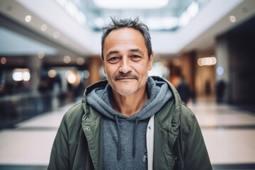 Fototapeta premium Group portrait photography of a grinning man in his 40s wearing a stylish hoodie against a shopping mall or retail background. Generative AI