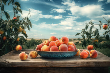 Abundant Harvest. Experience the bountiful delight of lush peach trees with fruit arranged over a table. Space for a captivating product ad. AI Generative