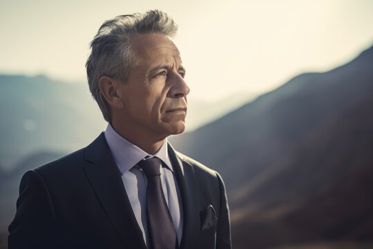 Group portrait photography of a satisfied man in his 50s wearing a sleek suit against a mountain valley or canyon background. Generative AI