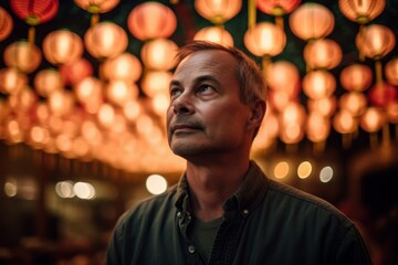 Obraz premium Thoughtful mature man standing in front of Chinese lanterns at night