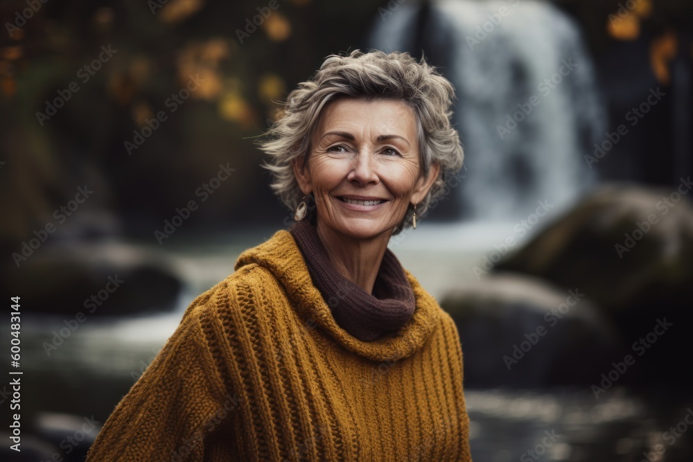 Sticker Environmental portrait photography of a pleased woman in her 50s wearing a cozy sweater against a waterfall background. Generative AI