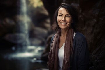 Portrait of a beautiful middle-aged woman in front of a waterfall