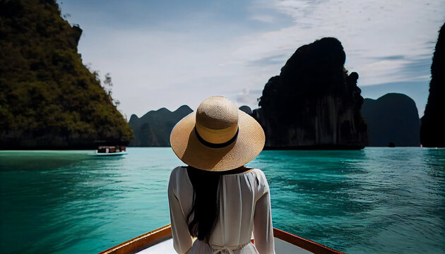 Back shot of tourist woman in white summer dress Ai generated image