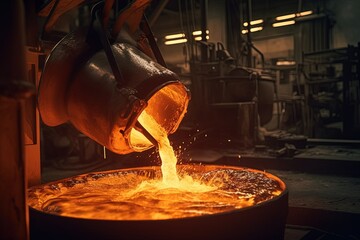 Liquid iron molten metal pouring in container, industrial metallurgical factory, foundry cast, heavy industry background. Generative AI