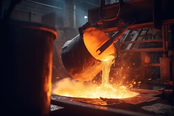 Liquid iron molten metal pouring in container, industrial metallurgical factory, foundry cast, heavy industry background. Generative AI