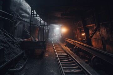 Naklejka premium Long dark journey with a glimpse of light in a coal mine. generative AI