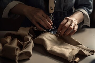 Attractive woman sewing a hem of pants. Generative AI