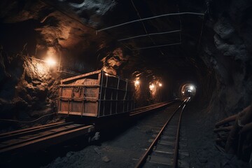 Fototapeta na wymiar Long dark journey with a glimpse of light in a coal mine. generative AI