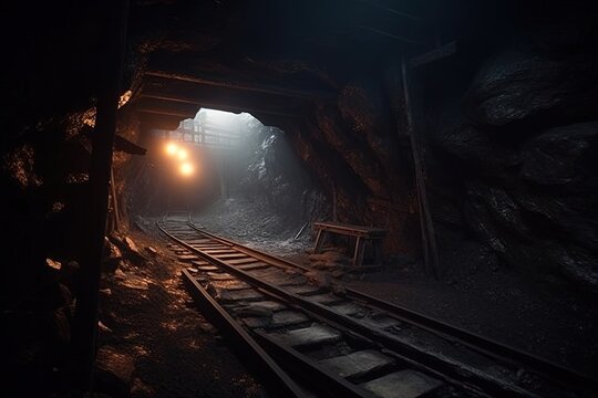 Long dark journey with a glimpse of light in a coal mine. generative AI