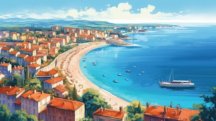 Panoramic view of a nice town in the french region. Vintage poster design. Generative AI