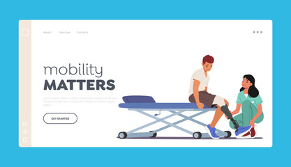 Mobility Matters Landing Page Template. Young Man Character With Leg Prosthesis Undergoes Rehabilitation