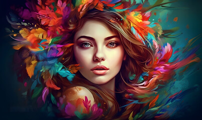 Obraz na płótnie Canvas Image of woman with colorful leaves on her head and her hair blowing in the wind. Generative AI.